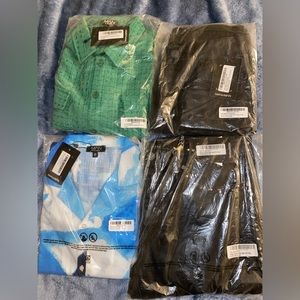 Blue Slub Shirt-Size L /Green Frayed Overshirt-Size M/Both jeans are size 34R